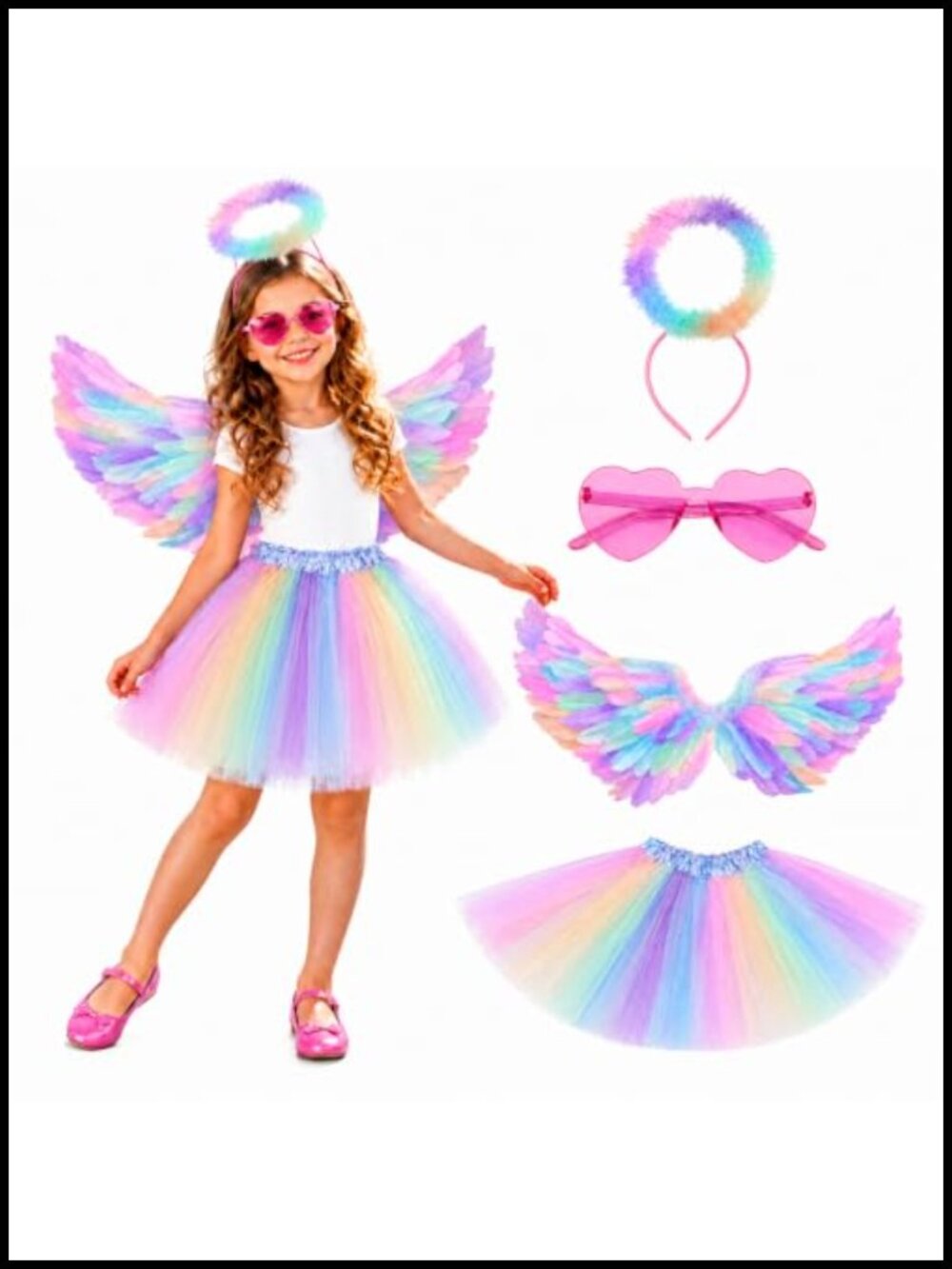 Girls Angel Costume Set Feather Wings Tutu Halo Halloween Dress Up